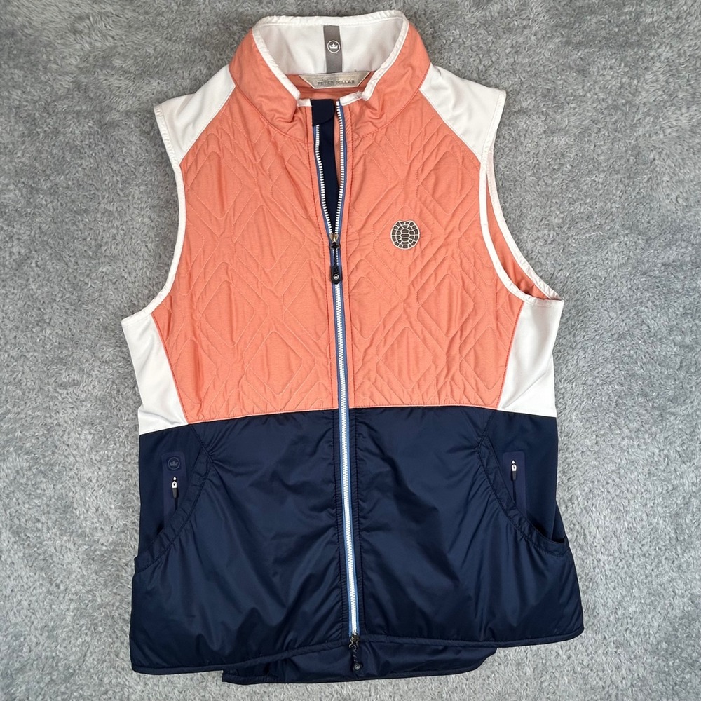 Peter Millar Lizzie Hybrid Womens Quilted Colorblock Vest Coral Navy Blue Large